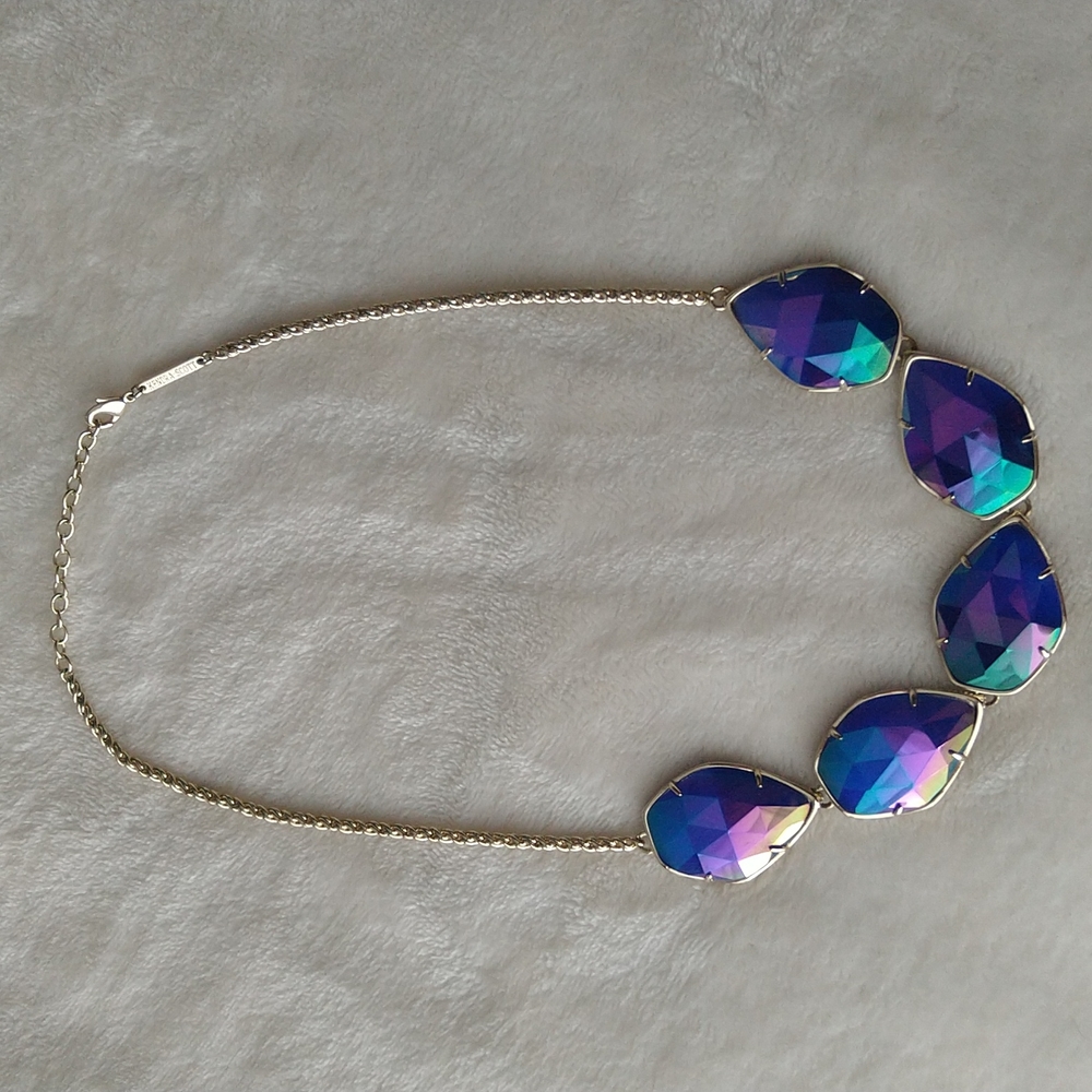 Kendra Scott Iridescent Cobalt Connely Necklace Gold Statement Rare - Picture 3 of 9